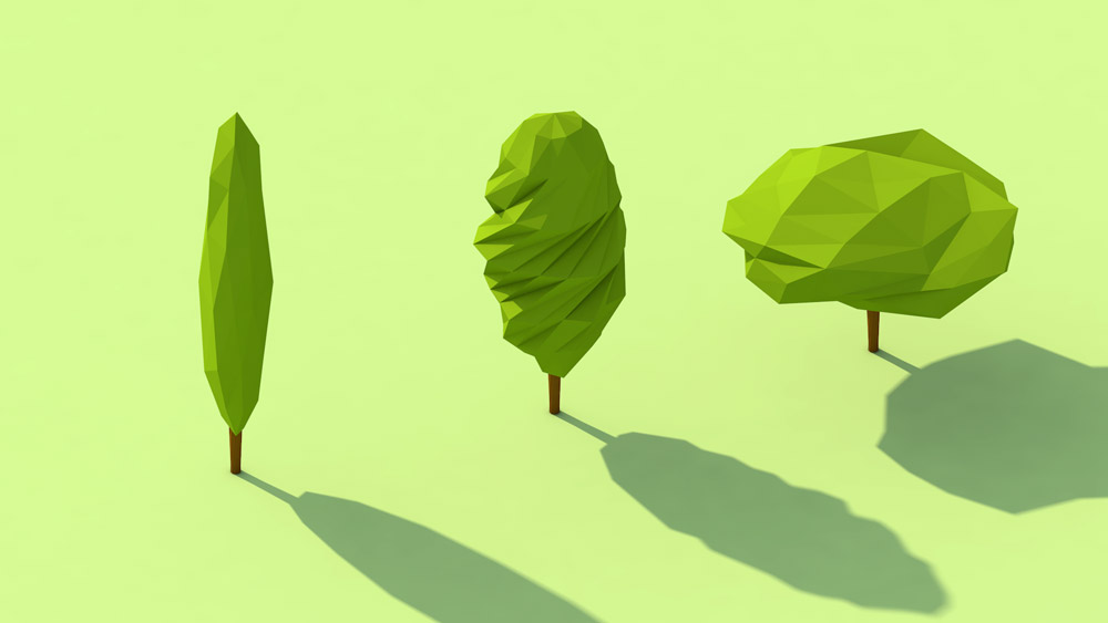 Différents types arbres 3D vue isométrique